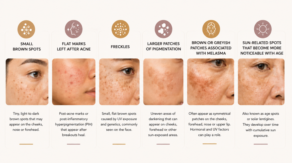 Educational dermatology showing different types of pigmentation