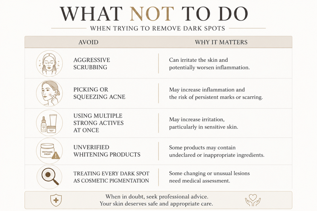 Infographic on skincare practices to avoid when managing facial dark spots and pigmentation.
