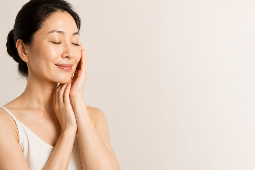 Woman gently touching her cheek as part of a skincare routine for ageing skin