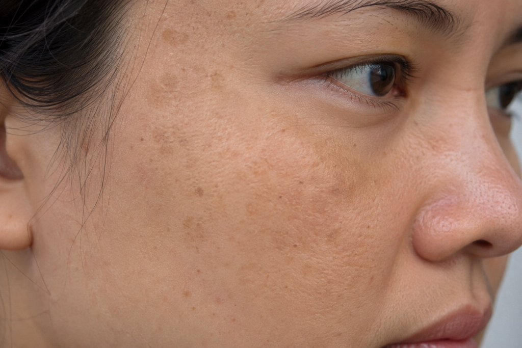 Woman with visible facial pigmentation and dark spots